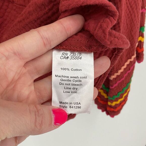 Ivy Jane Gauze Tie Front Bell Sleeve Top Button Front Chevron Terra Cotta Medium - Picture 6 of 10